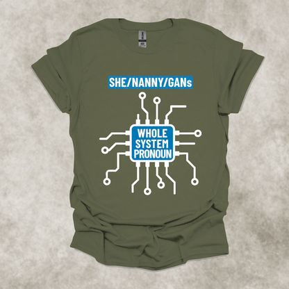 SHE/NANNY/GANs: WHOLE SYSTEM PRONOUN — Corporate Satire Tee: Unisex Softstyle T-Shirt