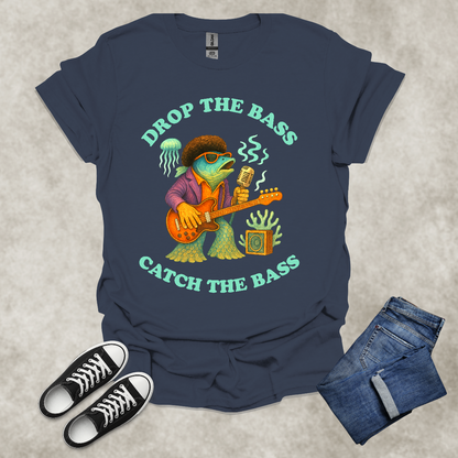 DROP THE BASS: CATCH THE BASS — Music & Fishing Satire Tee: Unisex Softstyle T-Shirt