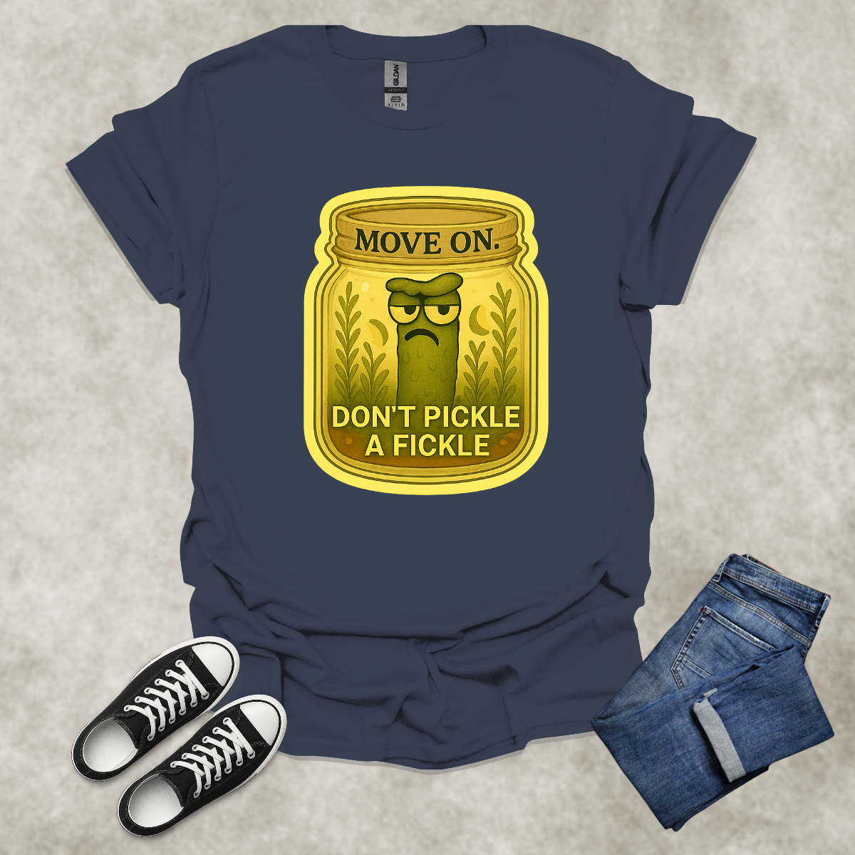 MOVE ON: DON’T PICKLE A FICKLE — Food & Relationship Satire Tee: Unisex Softstyle T-Shirt