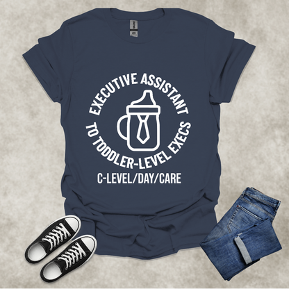 EXE ASSISTANT TO TODDLER-LEVEL EXECS: C-LEVEL/DAY/CARE — Corporate Satire Tee: Unisex Softstyle T-Shirt