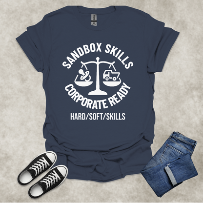 SANDYBOX SKILLS: CORPORATE READY: HARD/SOFT/SKILLS — Corporate Satire Tee: Unisex Softstyle T-Shirt