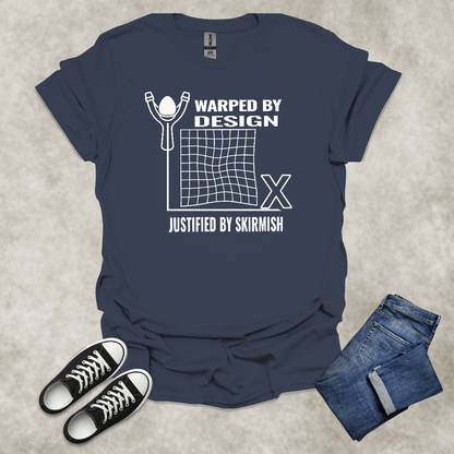 WARPED BY DESIGN: JUSTIFIED BY SKIRMISH — Corporate Satire Tee: Unisex Softstyle T-Shirt