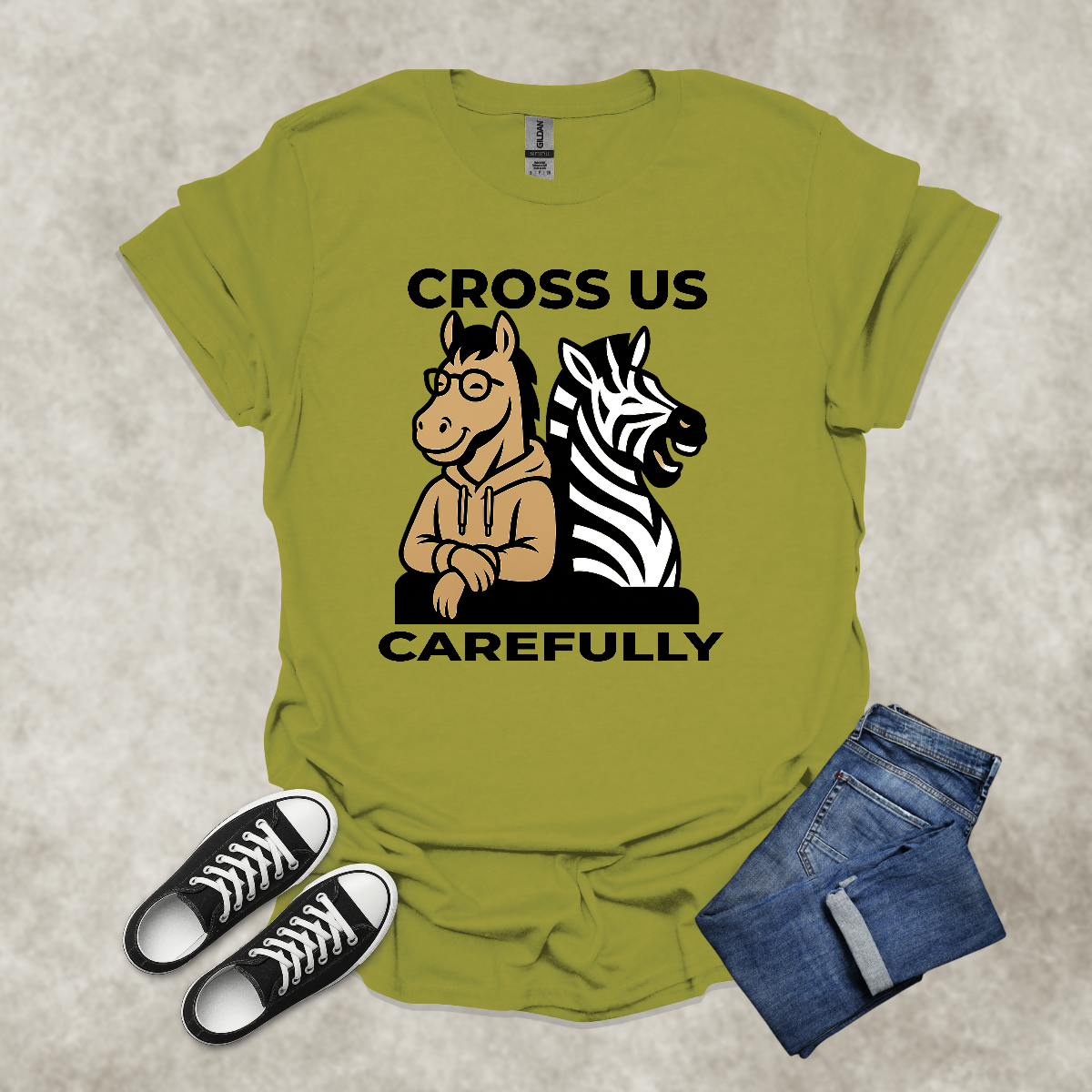 CROSS US CAREFULLY — Zebra & Horse Contrast Tee: Unisex Softstyle T-Shirt
