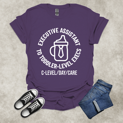 EXE ASSISTANT TO TODDLER-LEVEL EXECS: C-LEVEL/DAY/CARE — Corporate Satire Tee: Unisex Softstyle T-Shirt