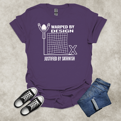 WARPED BY DESIGN: JUSTIFIED BY SKIRMISH — Corporate Satire Tee: Unisex Softstyle T-Shirt
