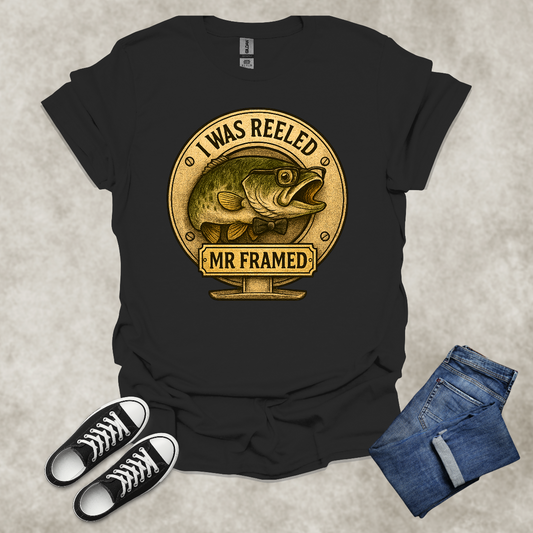 I WAS REELED: MR. FRAMED — Fishing Humor Graphic Tee: Unisex Softstyle T-Shirt