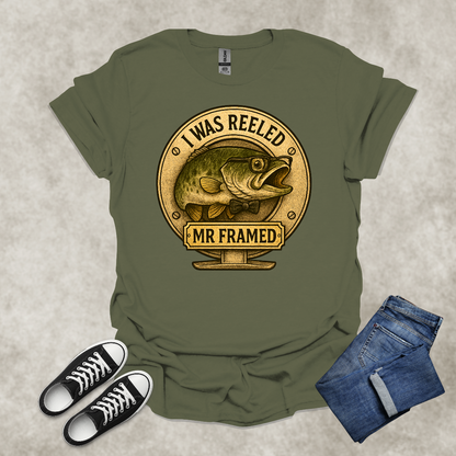 I WAS REELED: MR. FRAMED — Fishing Humor Graphic Tee: Unisex Softstyle T-Shirt