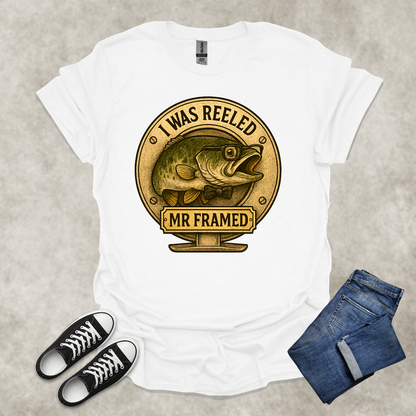 I WAS REELED: MR. FRAMED — Fishing Humor Graphic Tee: Unisex Softstyle T-Shirt