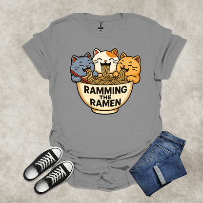 RAMMING THE RAMEN — Food & Cat Humor Tee: Unisex Softstyle T-Shirt