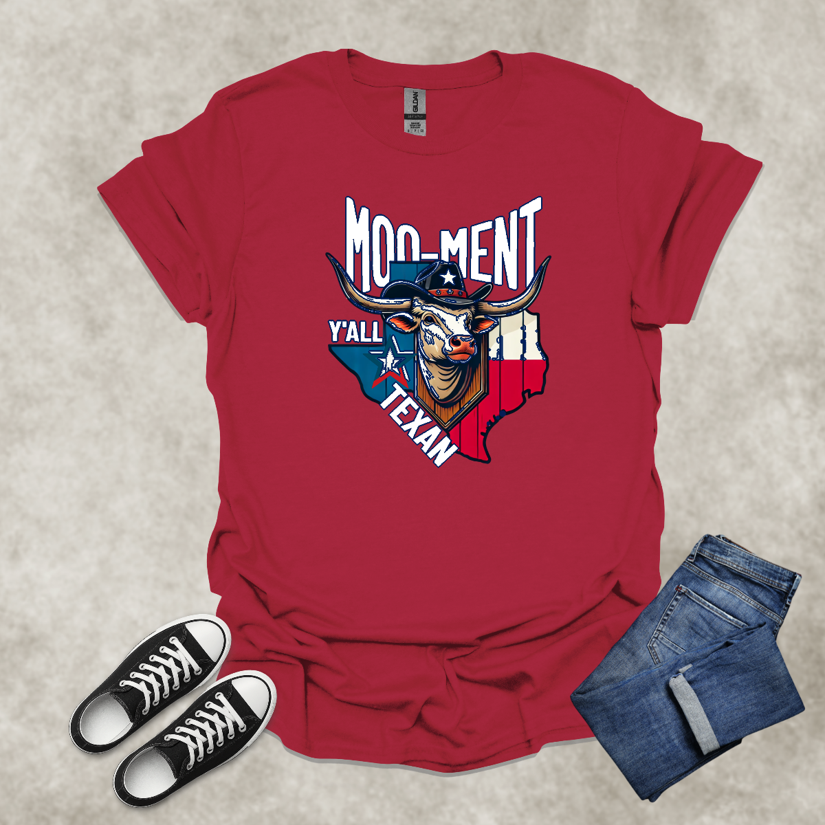 MOO-MENT Y’ALL TEXAN — Texas State Pride Humor Tee: Unisex Softstyle T-Shirt