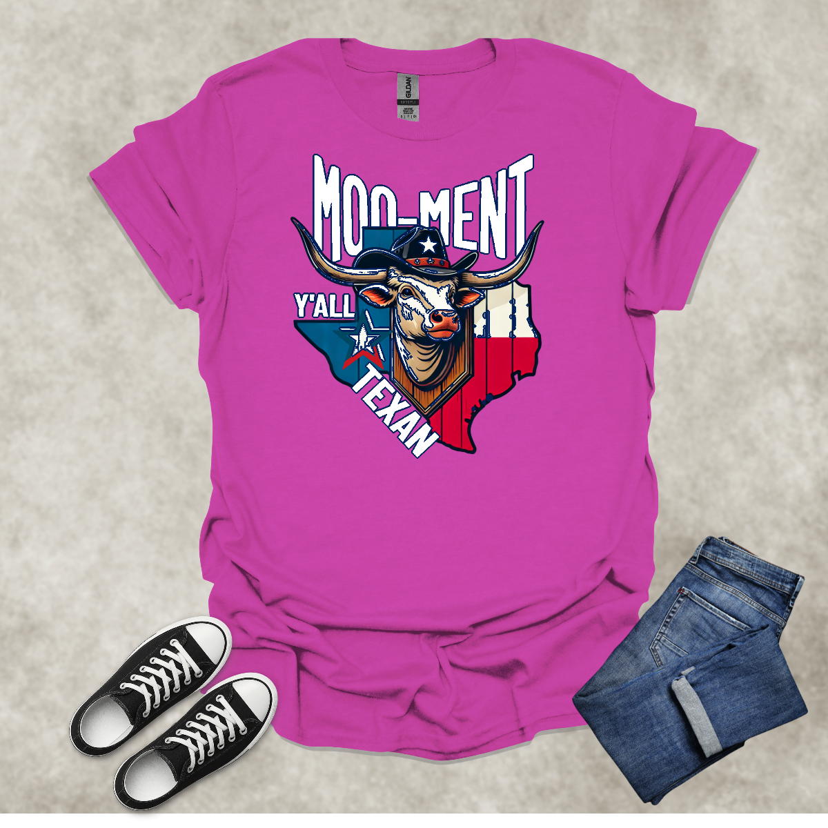 MOO-MENT Y’ALL TEXAN — Texas State Pride Humor Tee: Unisex Softstyle T-Shirt