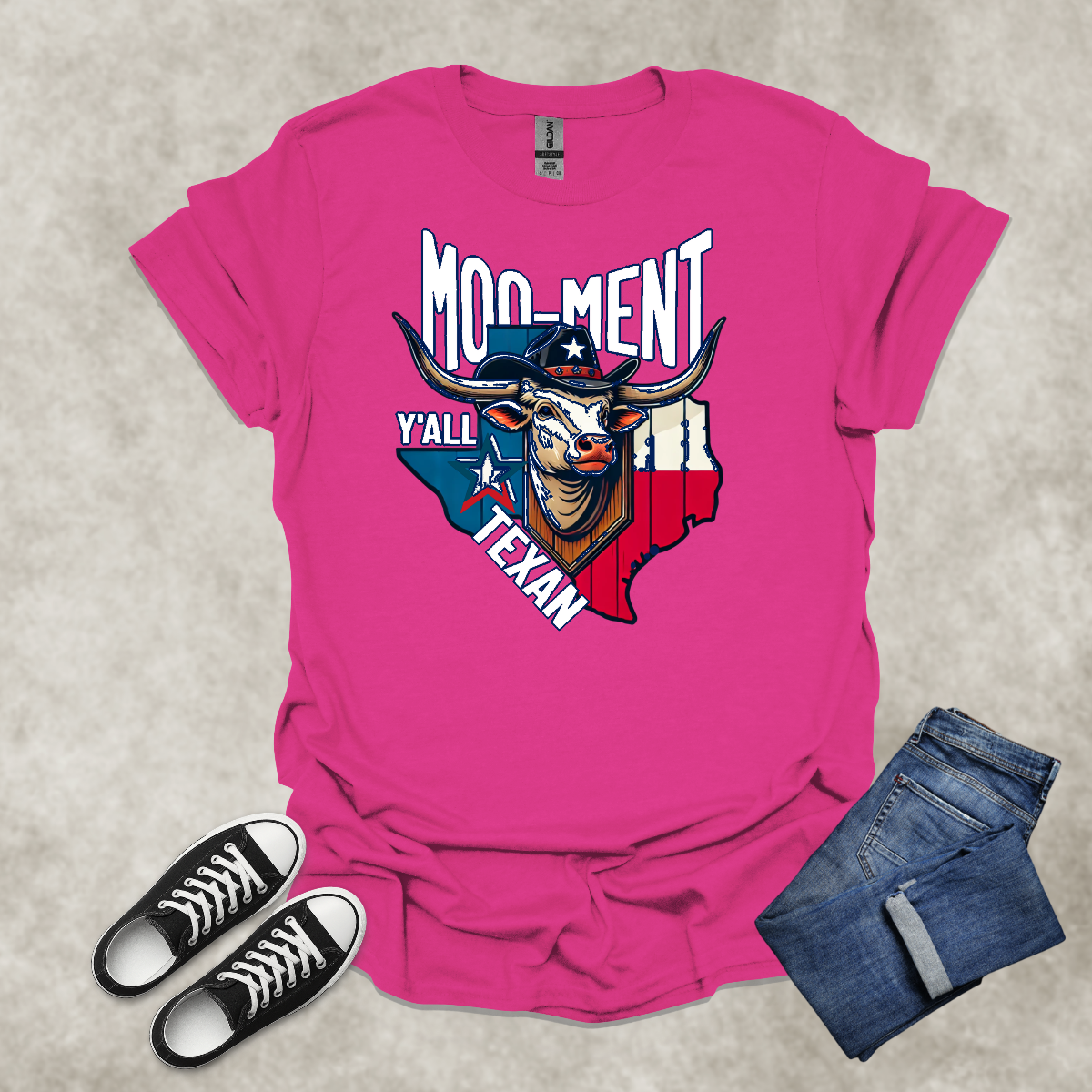 MOO-MENT Y’ALL TEXAN — Texas State Pride Humor Tee: Unisex Softstyle T-Shirt