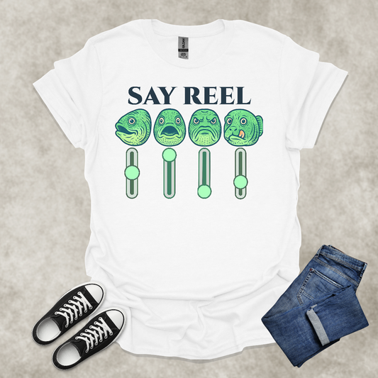 SAY REEL — Fishing & Music Satire Tee: Unisex Softstyle T-Shirt