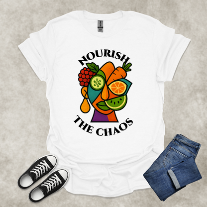 NOURISH THE CHAOS — Abstract Veggie Art Tee: Unisex Softstyle T-Shirt