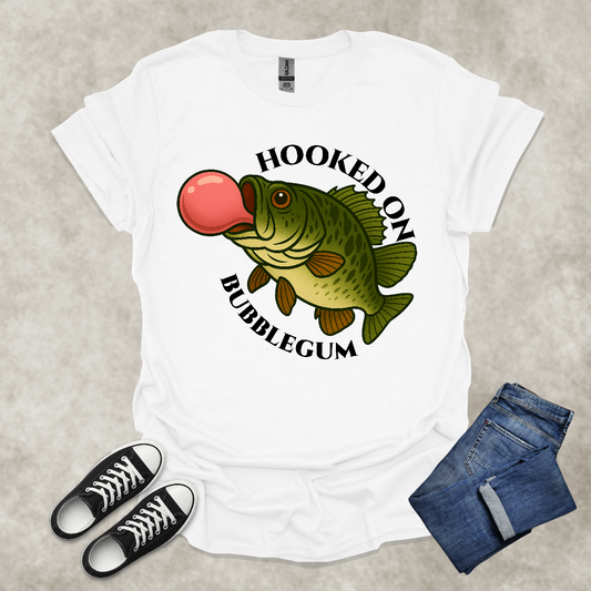 HOOKED ON BUBBLEGUM — Fishing Humor Graphic Tee: Unisex Softstyle T-Shirt