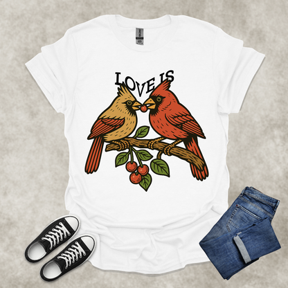 LOVE IS — Cardinal Couple Art Tee: Unisex Softstyle T-Shirt