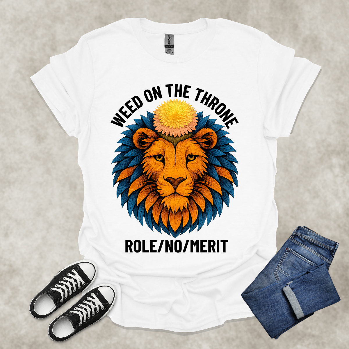 DANDELION ON THE THRONE: ROLE/NO/MERIT — Corporate Satire Tee: Unisex Softstyle T-Shirt