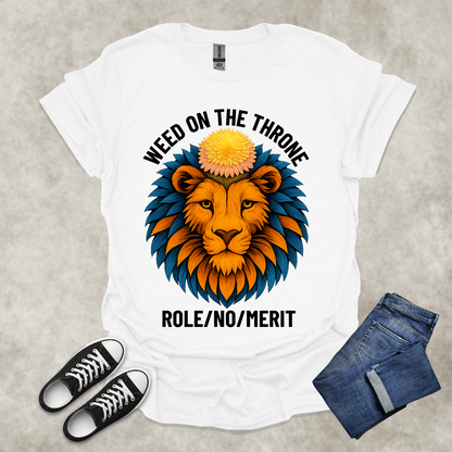 DANDELION ON THE THRONE: ROLE/NO/MERIT — Corporate Satire Tee: Unisex Softstyle T-Shirt
