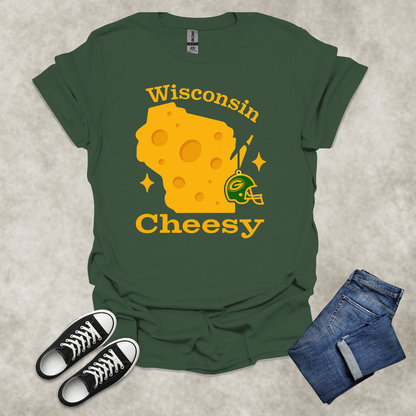 WISCONSIN: CHEESY — Cheese & Football Graphic Tee: Unisex Softstyle T-Shirt